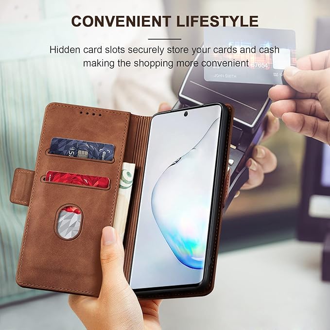 Jasonyu Flip Wallet Case for Samsung Galaxy Note 10 Plus,Leather Magnetic Folio Cover with Card Holder,Kickstand - TPU Shockproof Durable Protective Phone Case,Brown