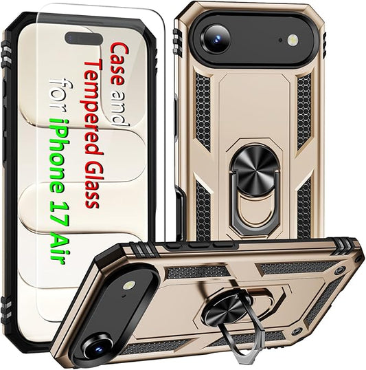 ADDIT Compatible with iPhone 17 Air Case with Tempered Glass Screen Protector, Adjustable Kickstand Ring, Military-Grade Heavy Duty Protection, Shockproof, Anti-Fingerprint,Gold