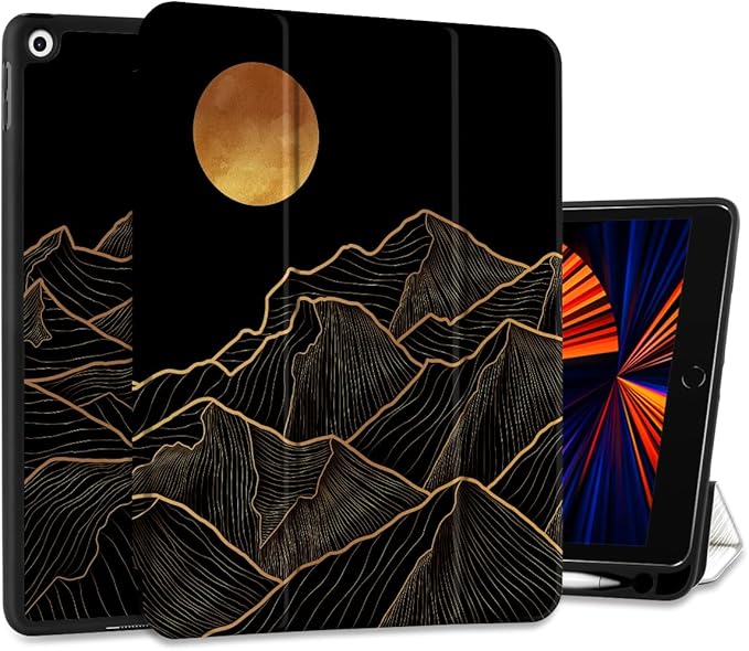 DONGKE Case Compatible with iPad 10.2 Inch 2021 2020 2019 iPad 9th/8th/7th Generation with Pencil Holder, Slim Stand Protective Case with Soft TPU Back, Auto Sleep/Wake Cover, Golden Mountain