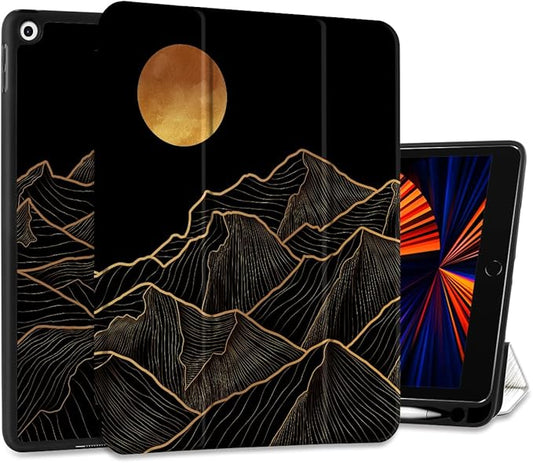 DONGKE Case Compatible with iPad 10.2 Inch 2021 2020 2019 iPad 9th/8th/7th Generation with Pencil Holder, Slim Stand Protective Case with Soft TPU Back, Auto Sleep/Wake Cover, Golden Mountain