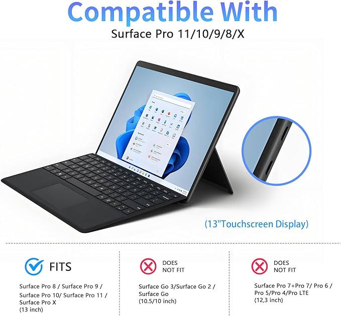 Case for Surface Pro 11/10/9/8, 13 Inch PU Leather Protective Cover with Honeycomb Cooling, Multi-Angle Stand, Stylus Holder, Front Pocket & Hand Strap, Durable Business for Tablet (Black)