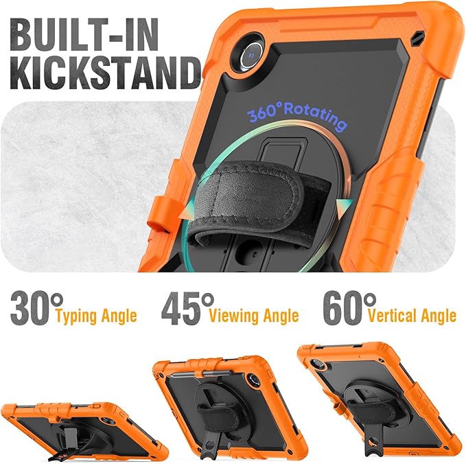HXCASEAC Case for Lenovo Tab M11/K11 LTE 11’’ with Screen Protector/Pen Holder/Rotating Hand Strap/Stand, Protective M11 Tablet Case (TB-330FU/TB-330XU) Cover 2024, Orange