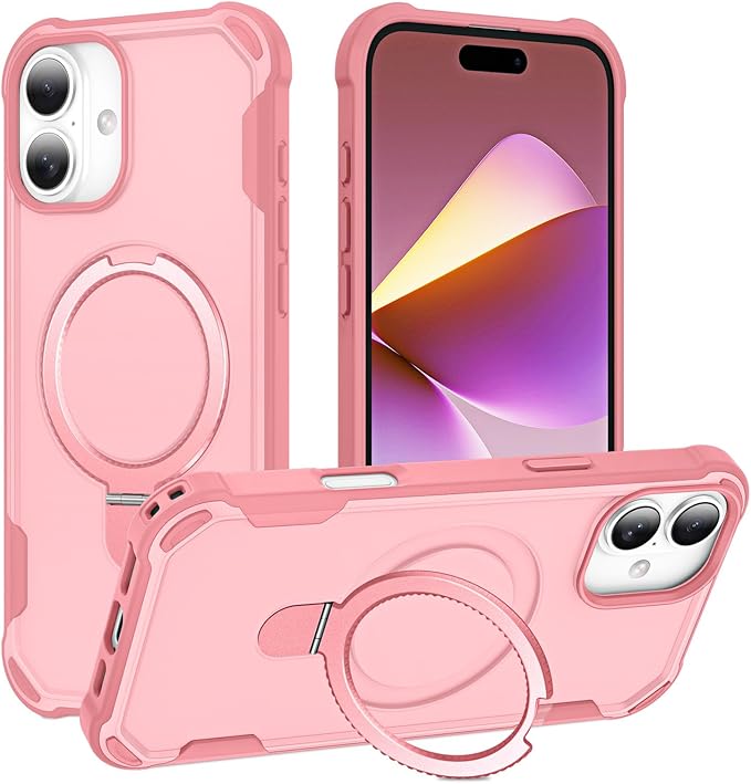 Compatible with iPhone 16 Plus Case with Invisible Magnetic Ring Stand [Compatible with Magnetic] [Military Drop Protection] Shockproof Slim Hard Back Soft Edge Case 6.7 Inch, Pink