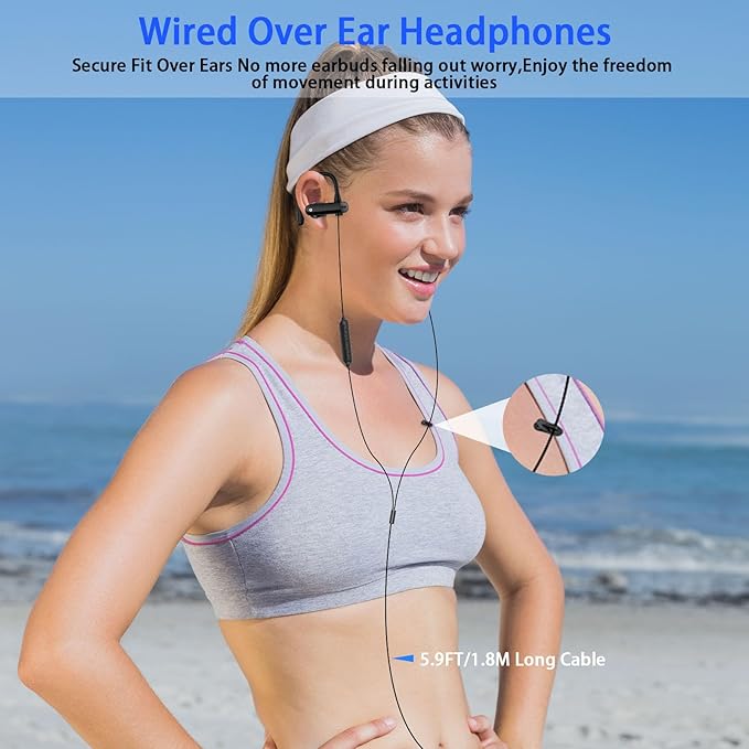 Wired Over Ear Earbuds with Microphone Ear Hook,3.5mm Sport Headphones 1.8M Long Wrap Around Ear Buds Wired for Chromebook Laptop iPad Plug in Headset for Kindle Fire Samsung A15 A14 Mp3 Player School