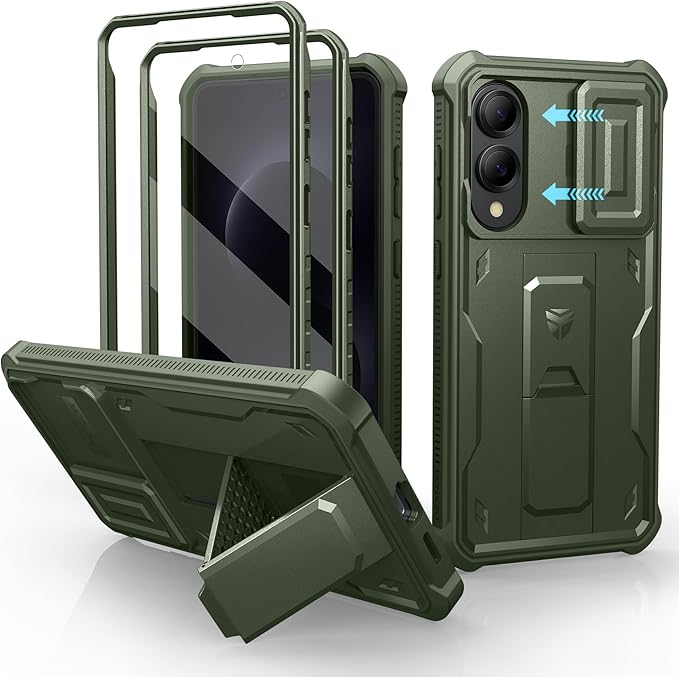 Dexnor for Samsung Galaxy S25 Edge Case with Upgraded Slide Camera Cover & 2 Front Frames & Built-in Screen Protector & Kickstand, Heavy-Duty Rugged Case Full-Body Bumper Protective Cover,Army Green