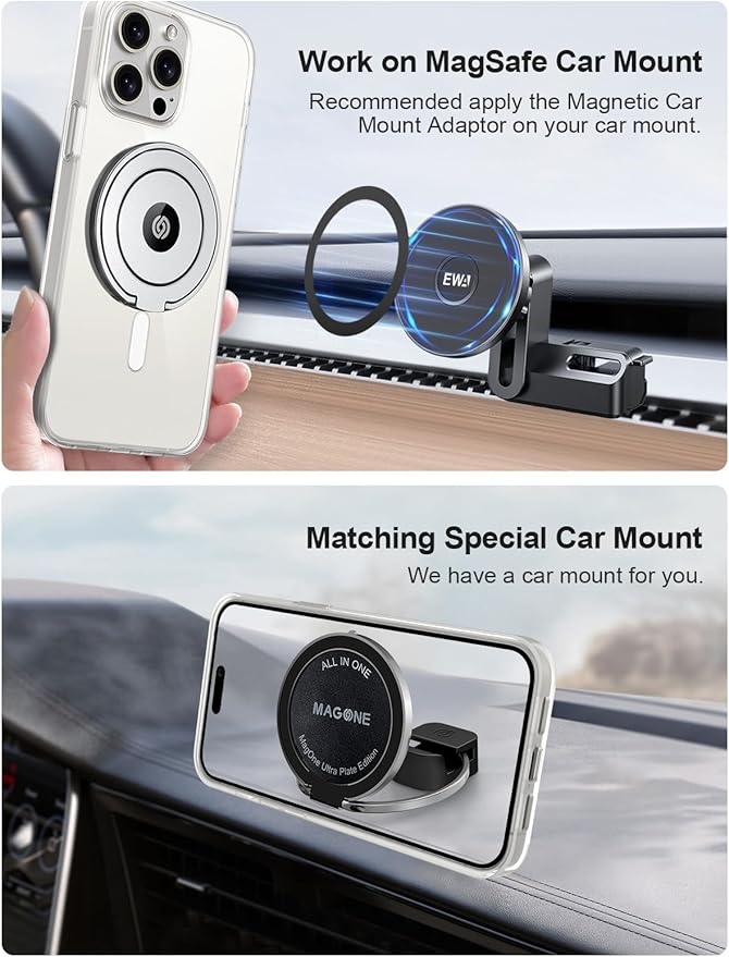 EWA MagOne Ultra (Plate Edition) Phone Grip Stand with Leather Finger Strap, Removable Magnetic Ring Holder Kickstand Loop, Double-Sided Magnetic Accessories for Phone-Silver