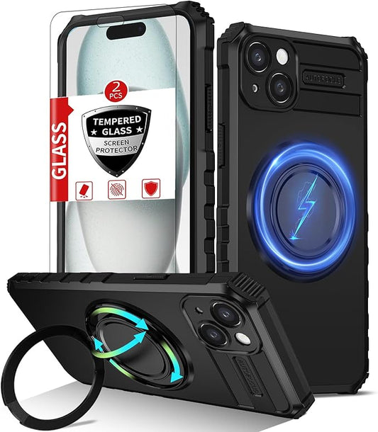 for iPhone 15 Case Compatible with MagSafe Magnetic,with 2 Tempered Glass Screen Protectors,Built-in 360°Kickstand Ring,Military Grade Drop Shockproof Heavy Duty Protection Phone Bumper Black