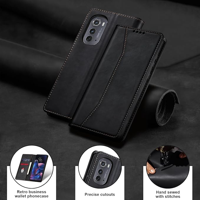Jasonyu Flip Wallet Case for Motorola Edge (2022) Moto,Leather Magnetic Folio Cover with Card Holder,Kickstand - TPU Shockproof Durable Protective Phone Case,Black