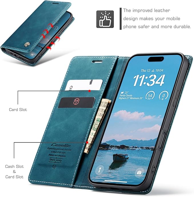 for iPhone 17 Air Case, Flip Wallet Leather Case with Card Holder Magnetic Closure Shockproof Kickstand Protective Phone Cases Cover for iPhone 17 Air, Blue-Green