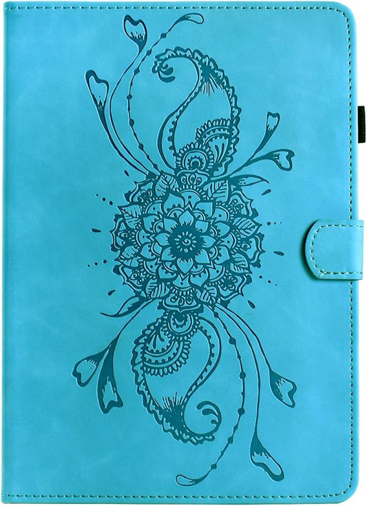Mandala Flower Case Compatible with Galaxy Tab A9+ Plus 11 Inch 2024 2023 (SM-X210/X216/X218), Cute Elegant Embossed Suede Leather Folio Stand Case Protective Cover with Auto Wake/Sleep, SkyBlue
