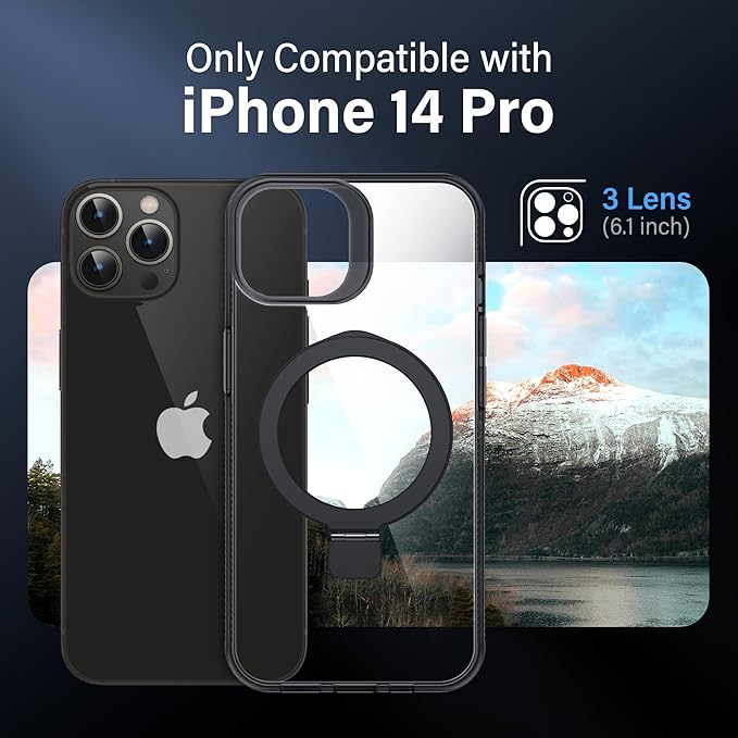 Magnetic Case for iPhone 14 Pro - [Built-in Invisible Stand] [Compatible with MagSafe] [Military Grade Drop Protection] Anti-Yellowing Hard Back Silicone Edge Cover, 6.1", Clear Black