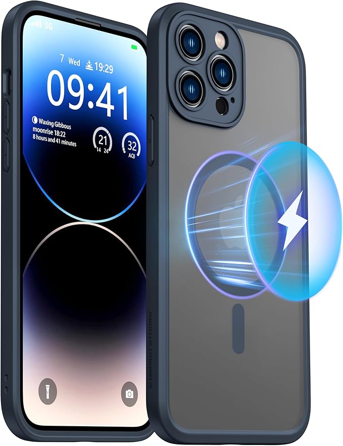ImpactStrong Magnetic Guard Designed for iPhone 14 Pro Case [Camera Protection] [Military Grade Drop Tested] [Compatible with MagSafe] Slim Translucent Matte Phone Case (6.1") - Navy Blue