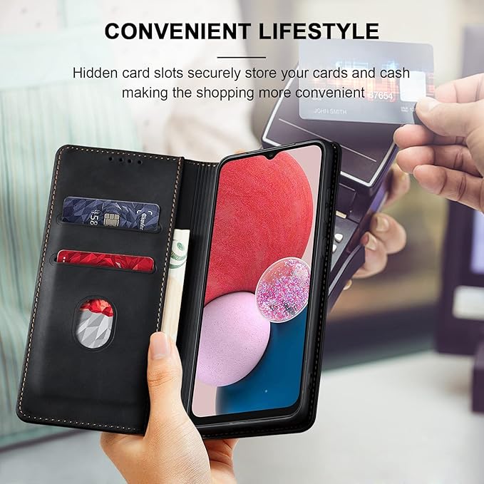 Jasonyu Flip Wallet Case for Samsung Galaxy A13 5G/4G/Galaxy A04s,Leather Magnetic Folio Cover with Card Holder,Kickstand - TPU Shockproof Durable Protective Phone Case,Black