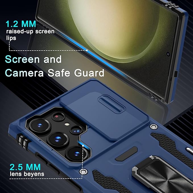 DEERLAMN Case for Samsung Galaxy S25 Ultra with Slide Camera Cover+Screen Protector (1 Pack), Rotated Ring Kickstand Military Grade Shockproof Protective Cover-Navy Blue