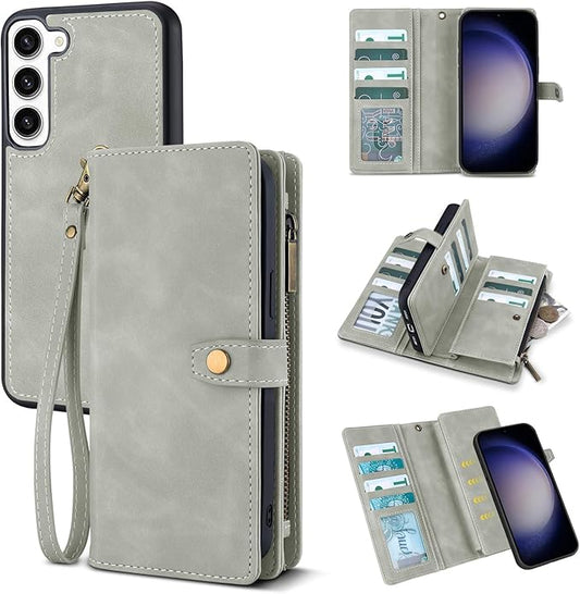 TwoHead for Samsung Galaxy S23 Wallet Case with Card Holder & Detachable Magnetic Phone Case for Galaxy S23,PU Leather Shockproof Protective Phone Cover Wallet with Wrist Strap(6.1 in,Gray)
