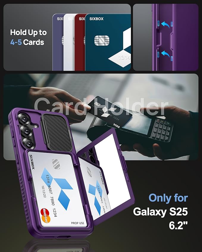 for Samsung Galaxy S25 Case, Built-in Card Holder & Stand & Camera Lens Cover, Military Grade Drop Tested Soft Silicone Edge Rugged Protective Wallet Phone Case for Galaxy S25 6.2" 2025, Purple