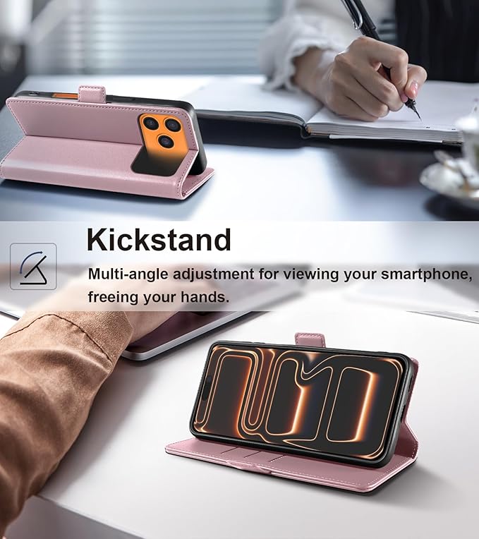 Wallet Flip Case for iPhone 17 Pro Max 5G - [RFID Blocking] Luxury PU Leather Card Holder Magnetic Phone Cover with Kickstand,Shockproof Protective Case,Pink