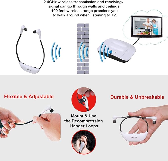 SIMOLIO 2.4G Digital TV Wireless Headphones with Spare Battery for Seniors, Dialog Clarity Wireless Headphones for TV Watching with Tone & Balance Control, Support Optical/RCA/AUX, 164ft, No Delay