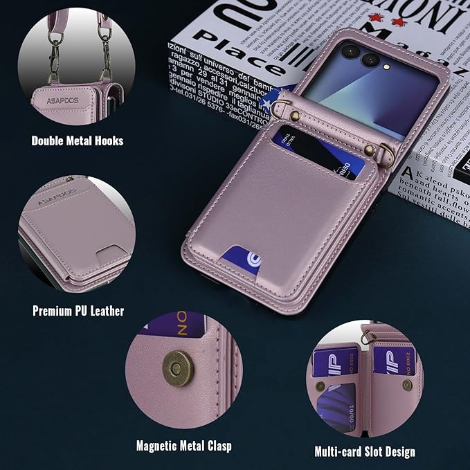 ASAPDOS for Samsung Galaxy Z Flip 7 PU Leather Wallet Phone Case with Card Slots (Holds 5 Cards), Anti-Drop Protection, Wrist & Shoulder Strap Gold