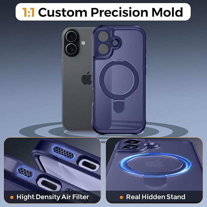 MOCCA Compatible with iPhone 17 Case with Magnetic Invisible Stand [Full Camera Protection] [Compatible with Magsafe] Military Drop Shockproof Translucent Matte Phone Case Cover 6.3",Deep Blue