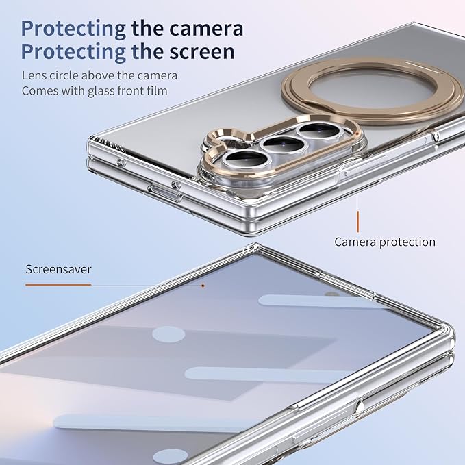 for Samsung Galaxy Z Fold 7 Case with Magnetic Ring Holder, 360 Rotating Bracket, Built-in Front Screen Len Protector, Anti-Yellowing & Anti-Fingerprint Crystal Clear Case.(Gold)