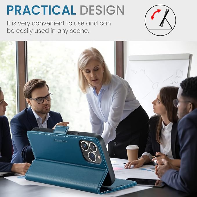 SINIANL Leather iPhone 15 Pro Max Case, Wallet with RFID Blocking, Card Holder, Magnetic Clasp, Kickstand for Women & Men, Blue