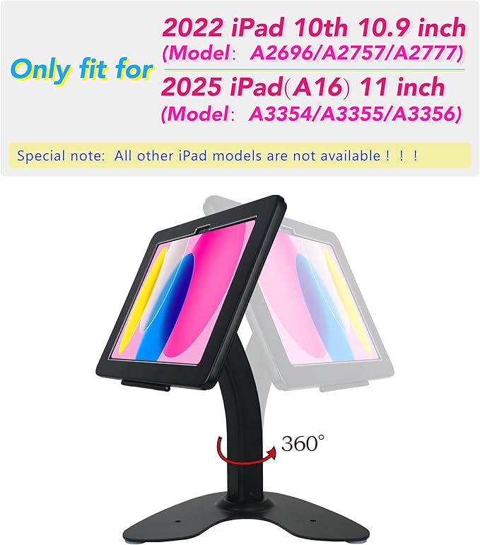 Desktop Anti-Theft Kiosk Stand POS Stand with Lock Bracket for 2025 iPad 11" (A16) 11th/ 2022 iPad 10.9" 10th Gen.,Excluding Other 10.9"& 11",360°Swivel,Metal(Black)