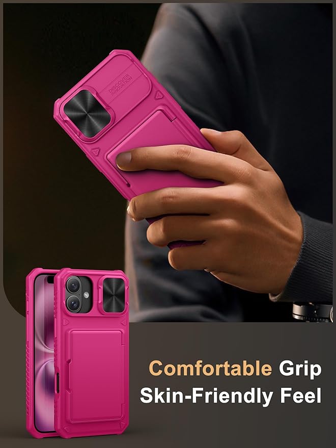 Vihibii for iPhone 16 Plus Case Wallet with Card Holder (4 Cards) [RFID Blocking] & Slide Camera Cover & Raised Edges Protect Screen, Shockproof Rugged Phone Case for iPhone 16 Plus 6.7", Pink