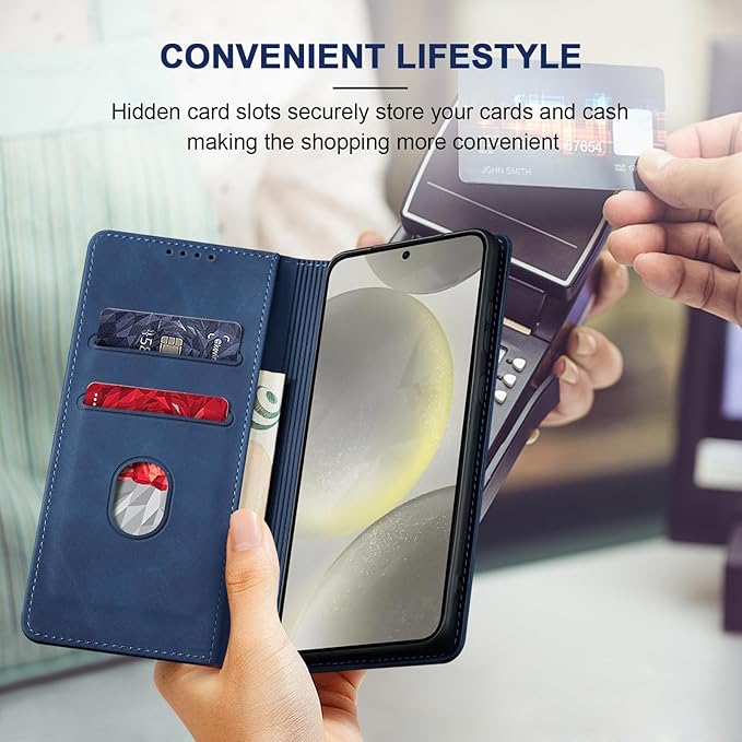 Jasonyu Flip Wallet Case for Samsung S24 Plus/S24+ 5G,Leather Magnetic Folio Cover with Card Holder,Kickstand - TPU Shockproof Durable Protective Phone Case,Blue