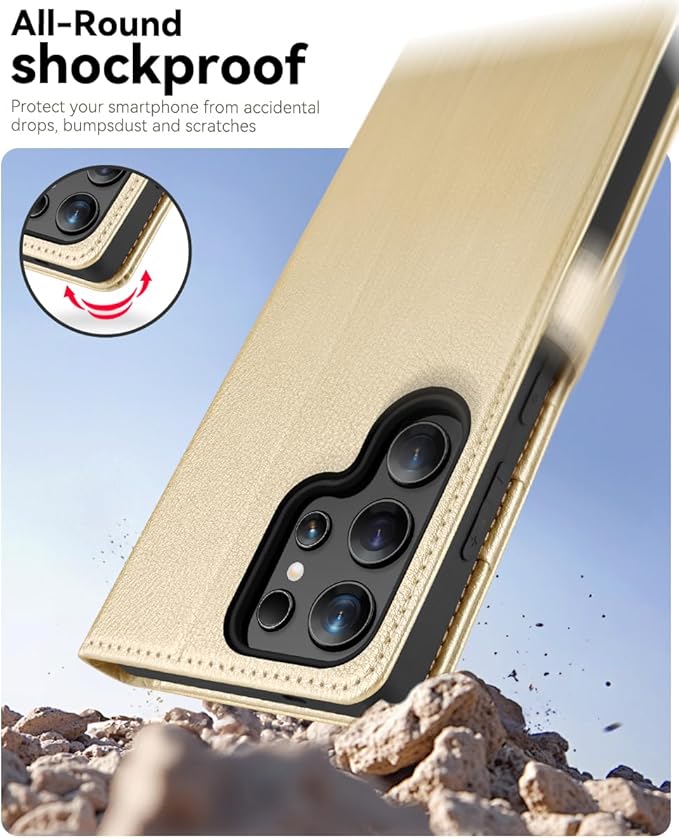 OCASE Compatible with Galaxy S25 Ultra Wallet Case, PU Leather Flip Folio Case with Card Holders RFID Blocking Kickstand [Shockproof TPU Inner Shell] Protective Phone Cover 2025, Gold