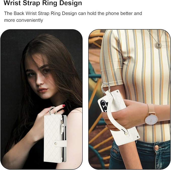 KIHUWEY for Galaxy Z Fold 7 Wallet Case with Card Holder Premium Leather Magnetic RFID Blocking Shockproof Zipper Wrist Strap Lanyard Cover for Samsung Galaxy Z Fold 7 8.0 Inch (White)