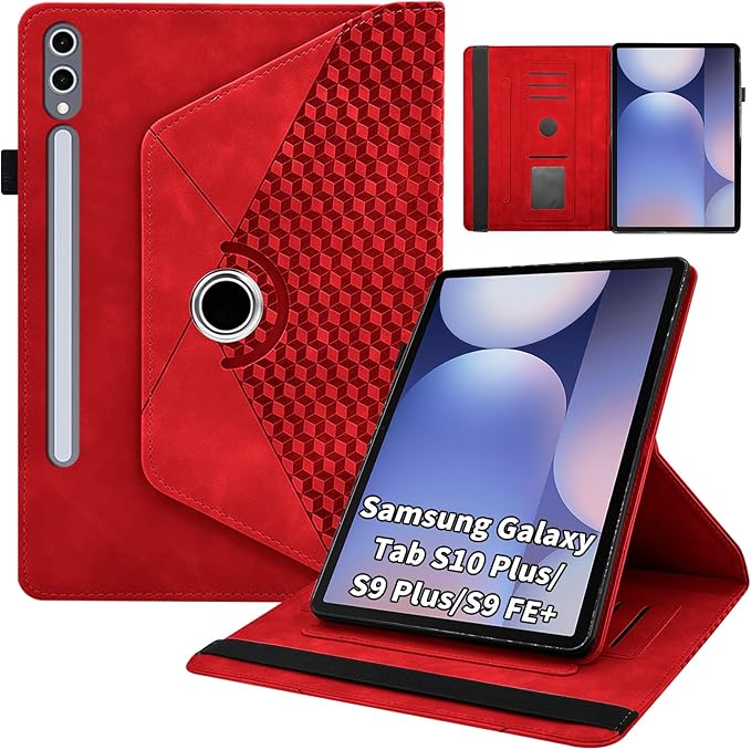Case for Samsung Galaxy Tab S10 Plus 2024/ S9 FE Plus 5G 12.4 Inch 2023 with Pocket 360° Rotating Multi-Angle Stand Cover Auto Wake/Sleep PU Leather Business Folio Protective Cases, Red