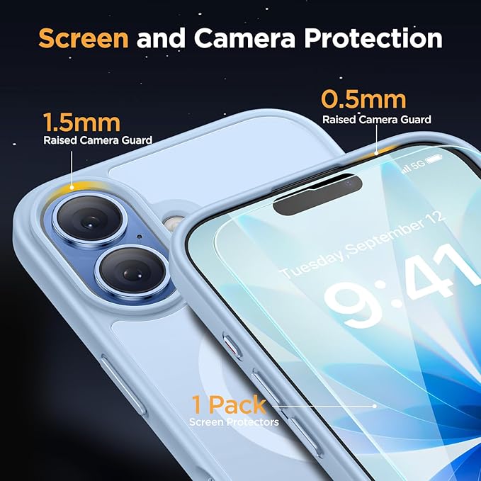 Miracase Magnetic for iPhone 17 Case (Compatible with MagSafe) with Screen Protector Military-Grade Protection, Anti-Fingerprint Translucent Matte Phone Cover for iPhone 17 6.3 inch, Light Blue