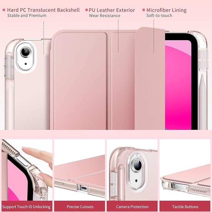 MoKo for iPad (A16) 11th Generation Case 11 Inch 2025, iPad 10th Generation Case 10.9 Inch 2022 with Pencil Holder, Slim Light Trifold Protective Cover with Hard PC Translucent Back Shell, Rose Gold