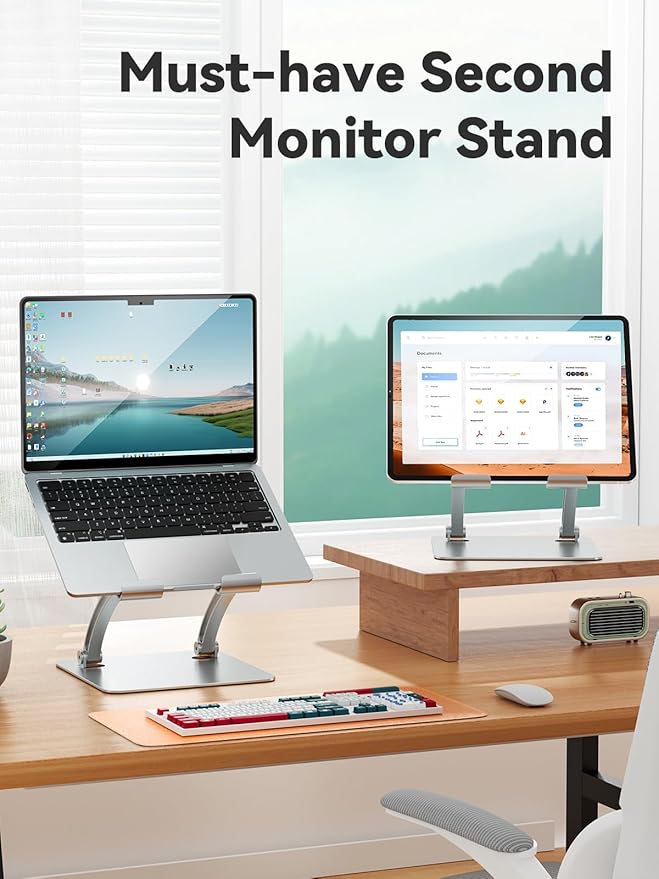 tounee Tablet Holder Stand, Dual Rod Adjustable Aluminum Desktop Stand, Compatible with 4.7-16.5" iPads, Surface Tablets, Portable Monitors, Kindle & More (Silver)