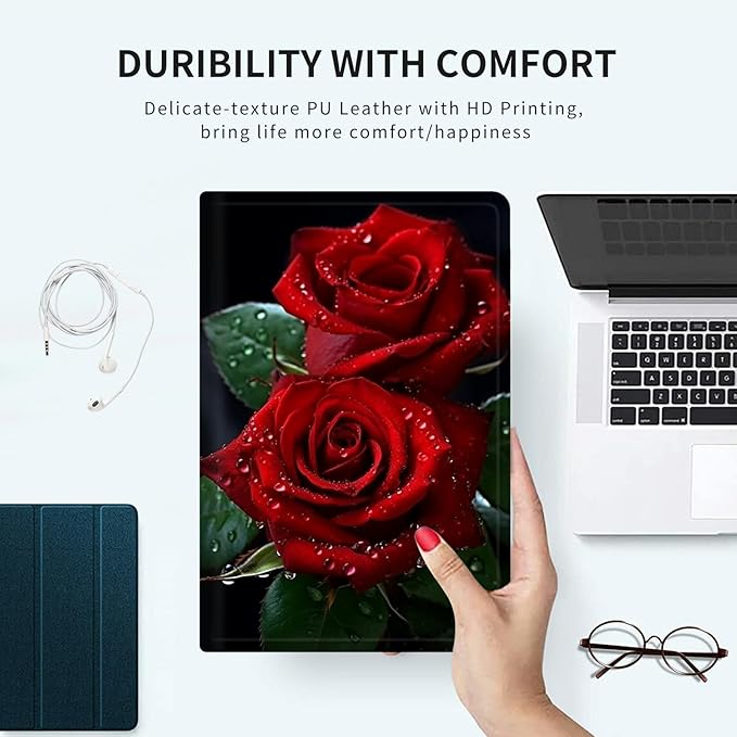 Case for 13 Inch Microsoft Surface Pro 8 (2021 Release) PU Leather Slim Lightweight Multiple Angles Stand Smart Cover with Auto Wake/Sleep for 2021 Surface pro 8 13 Inch, Red Rose Flowers
