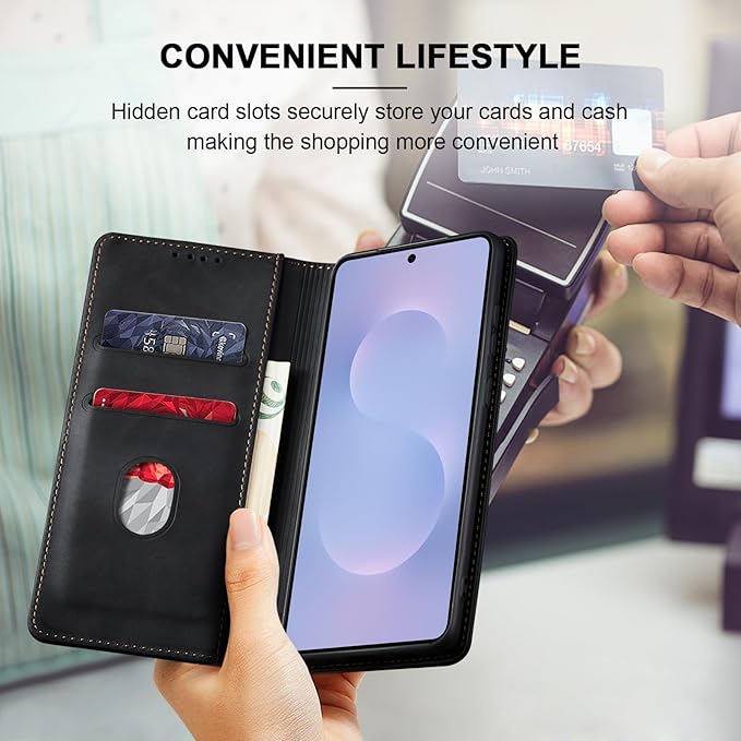 Jasonyu Flip Wallet Case for Samsung Galaxy S25 Edge 5G,Leather Magnetic Folio Cover with Card Holder,Kickstand - TPU Shockproof Durable Protective Phone Case,Black