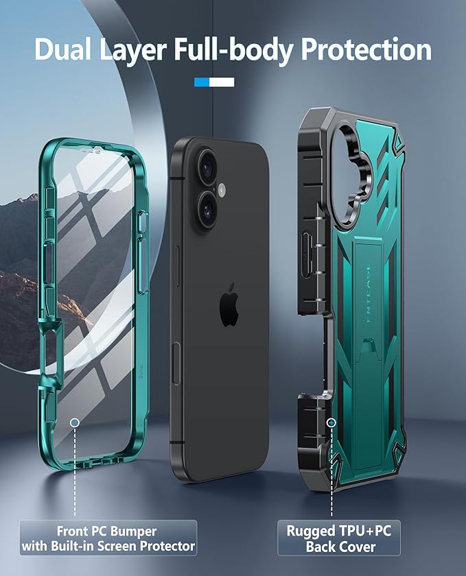 FNTCASE for iPhone 16 Phone Case: for iPhone 16 case with Kickstand Shockproof Military Grade Protective Cover - Dual Layer Full Protection Sturdy Matte Textured Drop Proof - 6.1 Inch Green