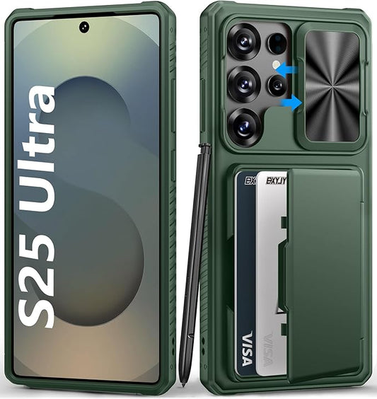 Multifuncional Case for Samsung Galaxy S25 Ultra, Card Holder (4-5 Cards), RFID Block, Slide Lens Cover & Military Grade Protection, Heavy Duty Men Women Wallet Case for Samsung S25 Ultra, Green