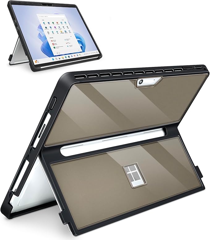 Case Updated Version fit Microsoft Surface Pro 11/10/9/8 13-Inch, All-in-one Rugged Case Compatible with Type Cover Keyboards, Transparent Black