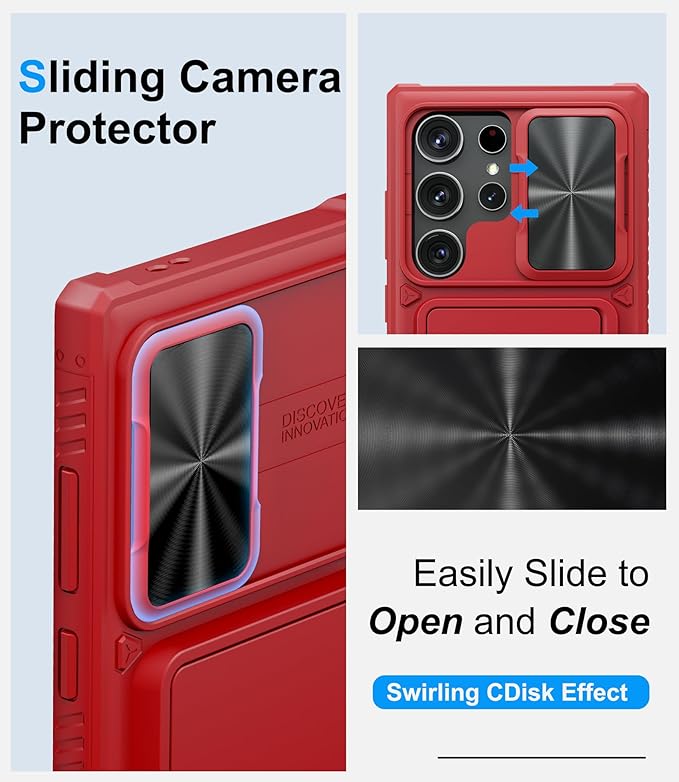 for Samsung Galaxy S23 Ultra Case with Card Holder (Store 4-5 Cards) & Slide Camera Cover & Kickstand, Military Grade Drop Protection, Shockproof Wallet Cases for Samsung S23 Ultra, Red