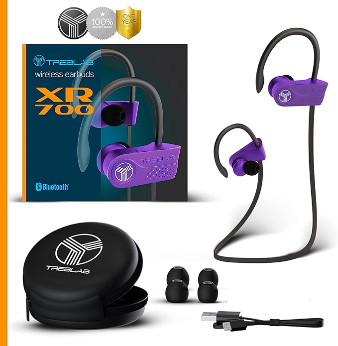 TREBLAB XR700 Wireless Earbuds - Bluetooth 5.0, IPX7 Waterproof, Noise Cancelling, Adjustable Earhooks, 9H Battery, Deep Bass, Mic - Sports Running Headphones for Workouts, Gym, Travel