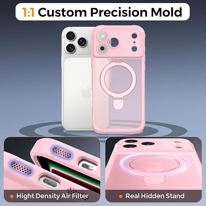 MOCCA Compatible with iPhone 17 Pro Case with Magnetic Invisible Stand [Full Camera Protection] [Compatible with Magsafe] Military Drop Shockproof Translucent Matte Phone Case Cover 6.3",Pink
