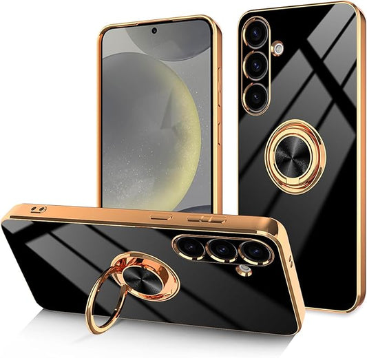Dinick Black for Samsung Galaxy S24+ Case with Ring Holder Kickstand [with Magnetic] Soft TPU Bumper, Glitter Gold Electroplated Cover Slim Thin Protective Phone Case for Galaxy S24 Plus