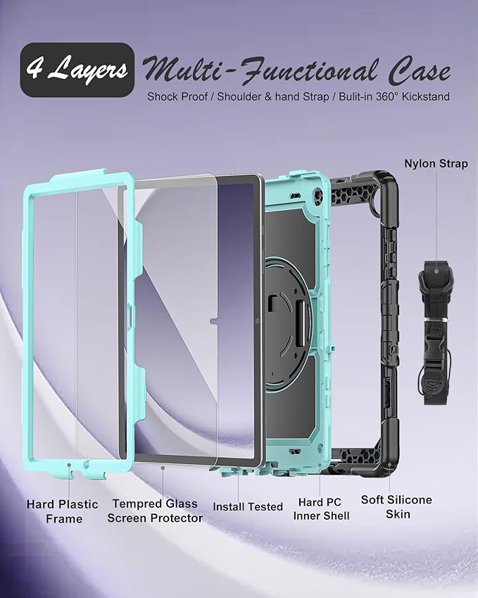 Case for Samsung Galaxy Tab A9+ Plus Tablet Case 11 inch 2023 [with Tempered Glass Screen Protector],360° Rotating Kickstand/S Pen Holder/Shoulder & Hand Strap (SkyBlue)