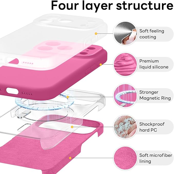 Vooii Magnetic Compatible with iPhone 17 Pro Case (Compatible with Magsafe) (Upgraded Camera Protection) Liquid Silicone Shockproof Full Body Protective Phone Cover for Women Men, Pitaya, 6.3”