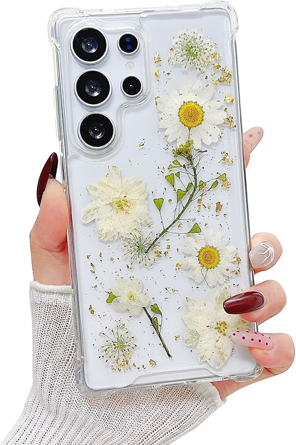 Compatible with Samsung Galaxy S25 Ultra Case Cute Pressed Dried Real Flowers Design Women Girly Shockproof Glitter Floral Clear Phone Cover for Galaxy S25 Ultra (White Flower)