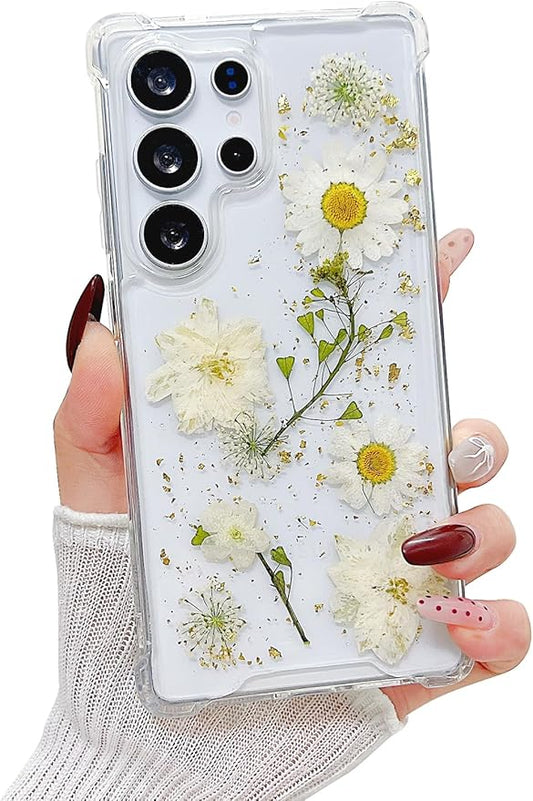 Compatible with Samsung Galaxy S25 Ultra Case Cute Pressed Dried Real Flowers Design Women Girly Shockproof Glitter Floral Clear Phone Cover for Galaxy S25 Ultra (White Flower)