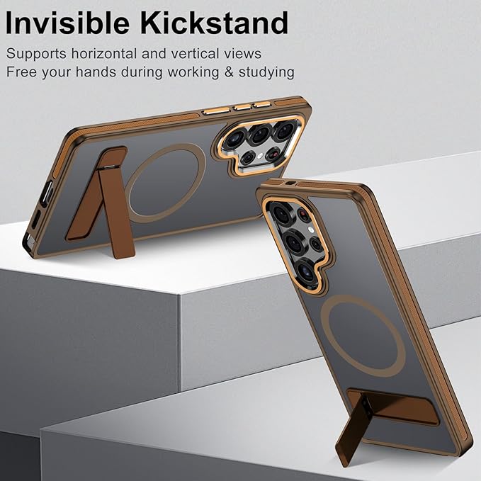 Case for Samsung Galaxy S25 Ultra, Compatible with Magsafe, [Invisible & Adjustable Stand] for Matte Translucent Cover, Anti-Slip Shockproof Slim Phone Case for Galaxy S25 Ultra (Brown)