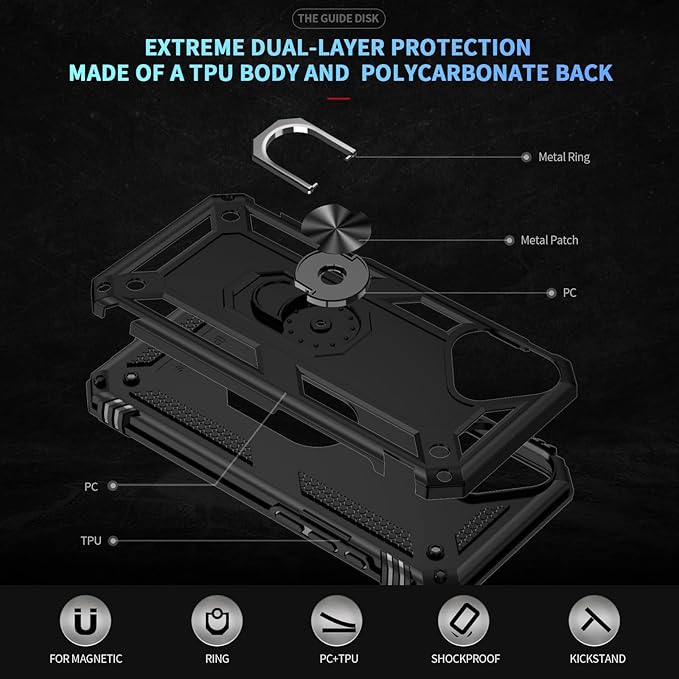 ADDIT Compatible with iPhone 17 Case with Tempered Glass Screen Protector, Adjustable Kickstand Ring, Military-Grade Heavy Duty Protection, Shockproof, Anti-Fingerprint, Black